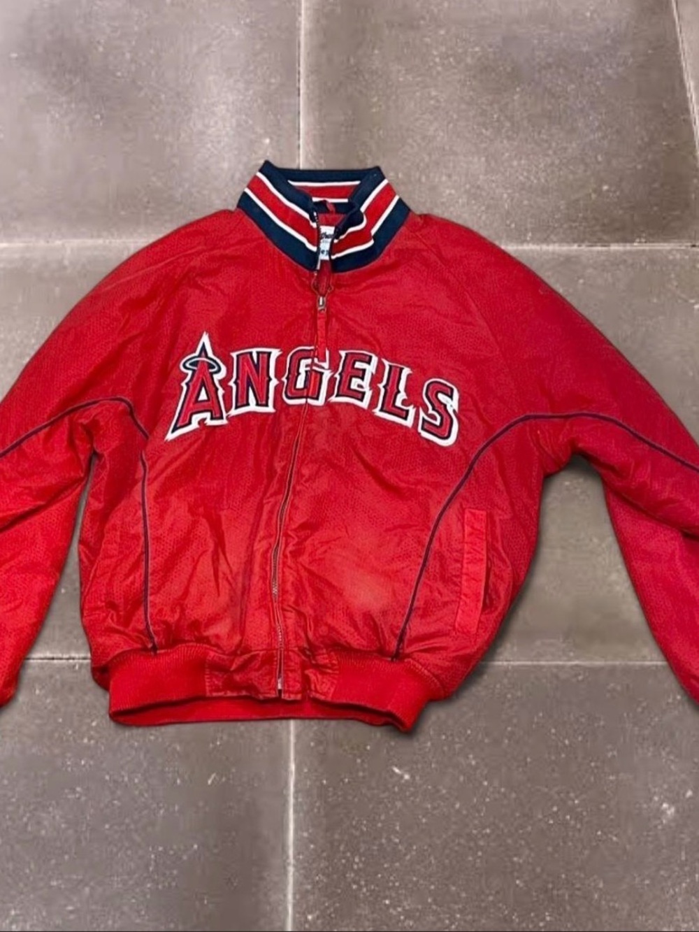 Vintage Anaheim Angels Red Bomber Jacket with Stripe Collar